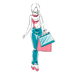 Sketch with elegant girl with shopping bags