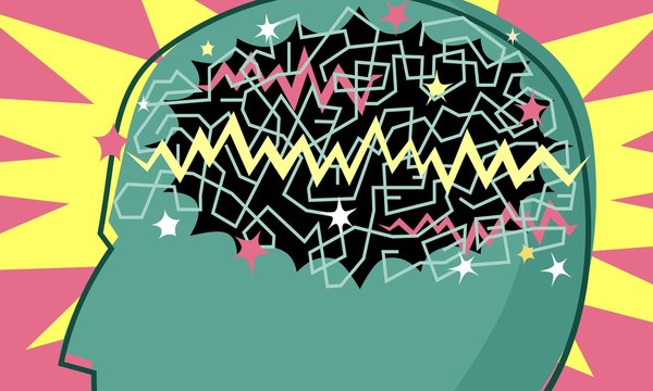 brainstorm confusion thinking head with scribbles stars and sparks for mental health crisis or epilepsy illustration