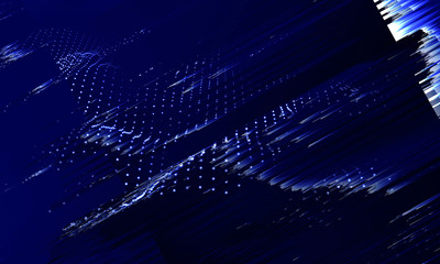 Abstract blue background with gradient color lines and dots.