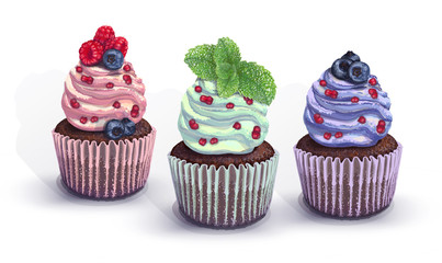 Set of vector cupcakes. A chocolate gentle wet biscuit with a colorful soft air cream cheese ,mint-flavored, with juicy fresh blueberry, raspberry pieces, mint. Colorful paper got wet from the cake