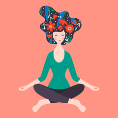Cute young woman meditating with flowers. Childish print
