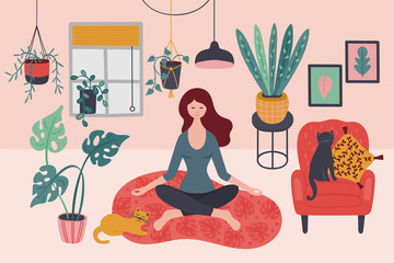 Cute young woman meditating at home with green plants. Childish print