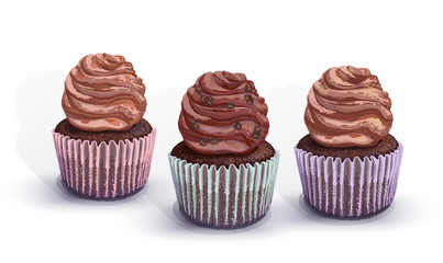 Set of vector cupcakes. A crumbly, chocolate gentle wet biscuit muffin with a chocolate tender and soft air cream cheese with chocolate pieces. Colorful paper got wet from the juiciness of the cake