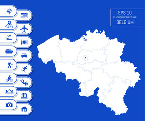 Flat high detailed Belgium map. Divided into editable contours of administrative divisions. Vacation and travel icons. Template for your design works. Vector illustration.