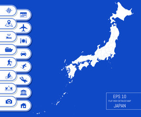Flat high detailed Japan map. Divided into editable contours of administrative divisions. Vacation and travel icons. Template for your design works. Vector illustration.