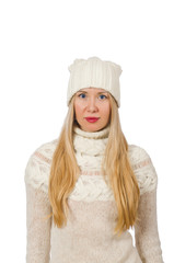 Woman wearing warm clothing on white