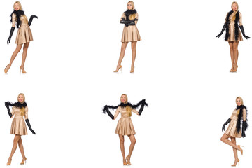 Beautiful woman in golden dress isolated on white 