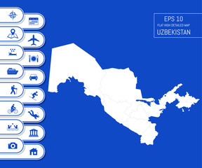 Flat high detailed Uzbekistan map. Divided into editable contours of administrative divisions. Vacation and travel icons. Template for your design works. Vector illustration.