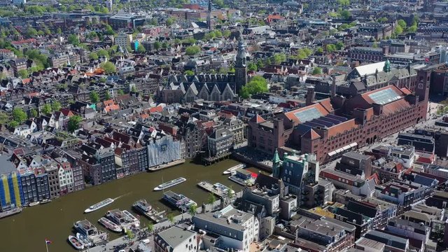 Aerial view of cityscape of Amsterdam, capital city of Netherlands, historic centre, The Oude Church (De Oude Kerk) - landscape panorama of Europe from above