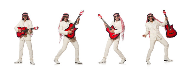 Arab man with guitar on white