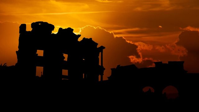 Ruins of Celsius Library in ancient city Ephesus, Time Lapse at Sunset of Silhouette, UNESCO World Heritage site, Turkey