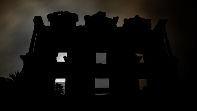 Ruins of Celsius Library in ancient city Ephesus, Time Lapse by Night with Full Moon, UNESCO World Heritage site, Turkey