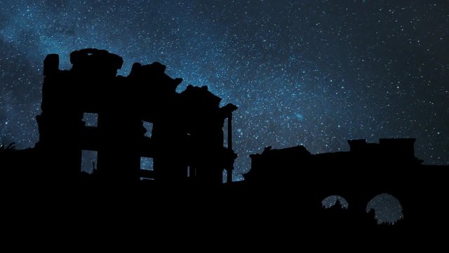 Ruins of Celsius Library in Ancient City Ephesus, Time Lapse by Night with Stars and Milky Way, Turkey