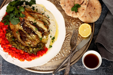 Grilled eggplants and peppers with sauce