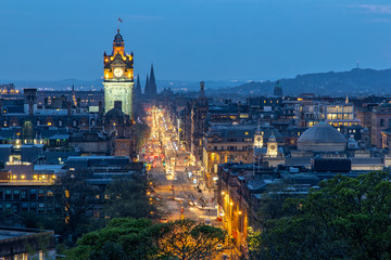 Naklejka premium View Over Princess Street and the City of Edinburgh in Scotland from Carlton Hill