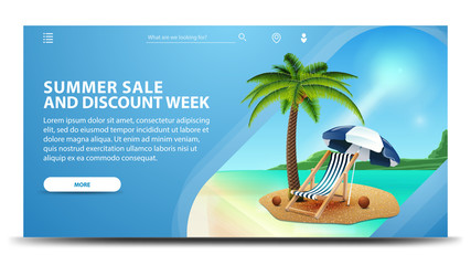 Summer sale and discount week, modern blue web banner for your website with palm tree, beach chair and beach umbrella