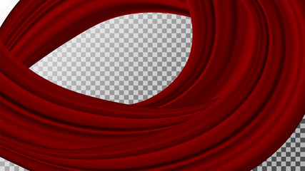 Vector realistic drapery of bright red fabric. Decorative folds of silk isolated on transparent background.