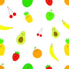 EPS 10 vector. Seamless pattern with kawaii fruits on white background.
