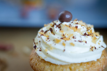 Closeup of fresh tasty cupcakes with butter cream and powder on a light wooden surface