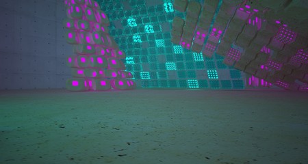 Abstract  Concrete Glass Smooth Futuristic Sci-Fi interior With Colored Glowing Neon Tubes . 3D illustration and rendering.
