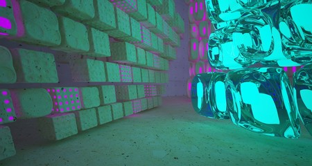 Abstract  Concrete Glass Smooth Futuristic Sci-Fi interior With Colored Glowing Neon Tubes . 3D illustration and rendering.