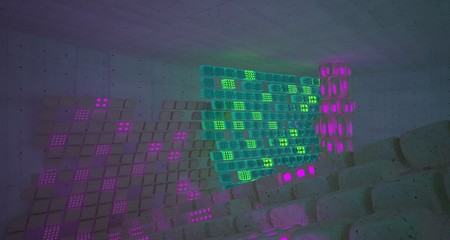 Obraz premium Abstract Concrete Glass Smooth Futuristic Sci-Fi interior With Colored Glowing Neon Tubes . 3D illustration and rendering.