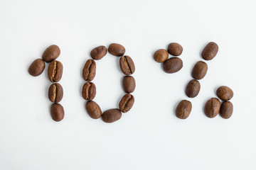 percent sign, 10 percent coffee beans on a white background. Discounts and promotions