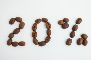  Percent sign. 20%. Discount, promotion. Coffee beans