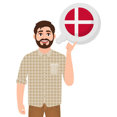 Happy bearded man says or thinks about the country Denmark, European country icon, traveler or tourist vector illustration