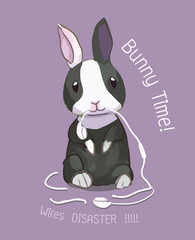 cute rabbit chewing earphone wire  character vector,water color. naughty natural habit of bunny concept