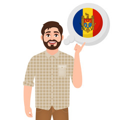 Happy bearded man says or thinks about the country Moldavia, European country icon, traveler or tourist vector illustration