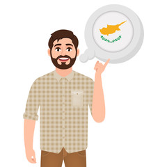 Happy bearded man talking or thinking about the country. Republic of Cyprus, European country icon, traveler or tourist. Vector illustration