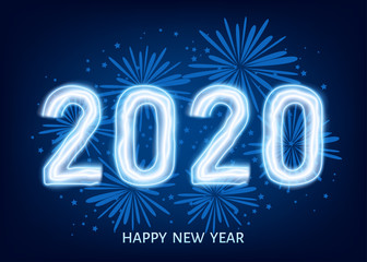 2020 happy New Year blue background with firework.