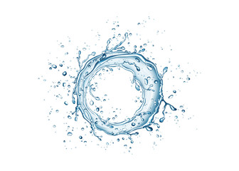 Blue circle water splash and drops isolated on white  background.