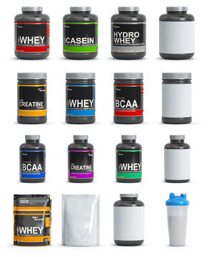 Sport nutrition containers. Set of templates of jars and packs of differnt types. Whey, bcaa and creatine.