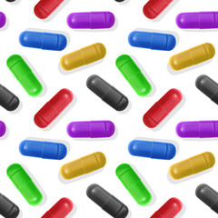 Seamless, endless pattern, Medicine background with pills tablets in realistic style design for your cover or packing. Vector EPS 10 illustration