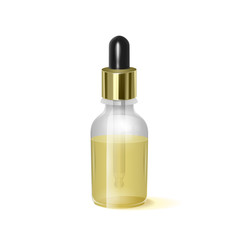 Realistic glass bottle with dropper. Cosmetic vial for oil, collagen serum. Mock up vector illustration isolated on white background
