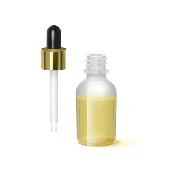 Realistic glass bottle with dropper. Cosmetic vial for oil, collagen serum. Mock up vector illustration isolated on white background