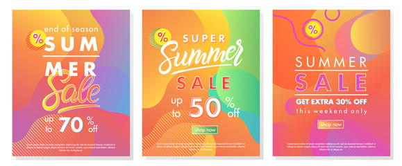 Summer sale banners with bright gradient background,shapes and geometric elements in memphis style.Sale season card perfect for prints, flyers,banners, promotion,special offer and more.