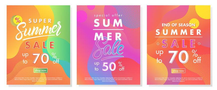 Summer sale banners with bright gradient background,shapes and geometric elements in memphis style.Sale season card perfect for prints, flyers,banners, promotion,special offer and more.