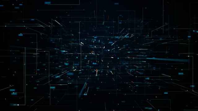 Fly through abstract 3D rendering of a scientific technology data binary code