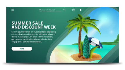 Summer sale and discount week, modern green web banner for your website with palm, coconuts, beach umbrella and surf Board