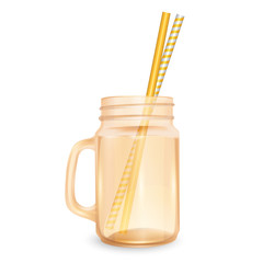 empty jar for smoothies with striped straw for cocktails isolated on white background for advertising your products drinks in restaurants and cafes. Vector EPS 10 illustration