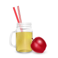 The jar of smoothies of red apple with striped straw for cocktails isolated on white background for advertising your products drinks in restaurants and cafes. Vector EPS 10 illustration