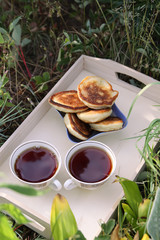 Tea in country style in summer garden in the village. Two cups of black tea and cupcakes on wooden tray in sunlight.