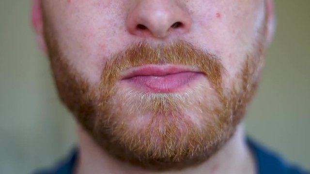 Super close up young caucasian man with a short beard chewing