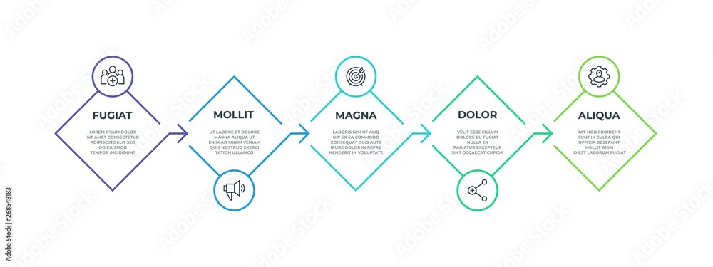 Poster step line infographic. 5 step square presentation graphic, business productivity timeline elements. 