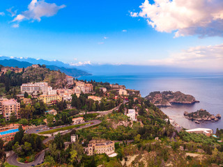 Panoramic drone photo sunset Taormina, Sicily Italy. Aerial top view