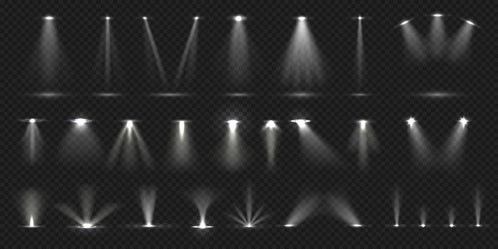 Stage spotlight. Show stage light effect, bright lighted concert scene for theater gallery disco club. Vector realistic vivid spotlight collection