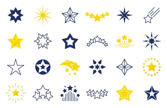 Star icons. Premium black and outline symbols of star shapes, four five six-pointed star labels on white background. Vector falling stars illustration set